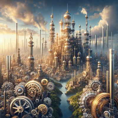 The primary subject of the image is a futuristic cityscape with a large, intricate clock tower as the focal point. The setting is a city with a river running through it, and the background features a cloudy sky. The visual style is a combination of photo and digital art, creating a unique and captivating scene. The colors and mood of the image are predominantly dark and moody, with the clock tower and the cityscape serving as the main elements of the composition.